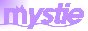 the text 'mystie' in partially italics in light purple, with a wavy line at the bottom. the background is mostly white, but has a bit of purple in the top-left corner